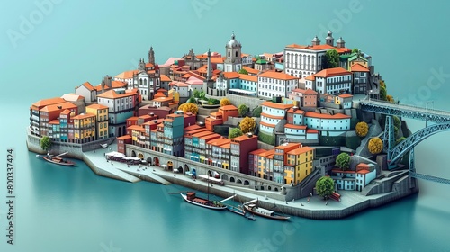 A beautiful low poly render of a city on the coast photo