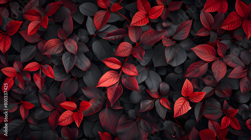 Red big leaves in monochrome color. Forest red colored plants. Copy space background. Color of the year 2023