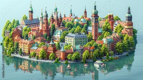 A beautiful city built on an island in the middle of a lake