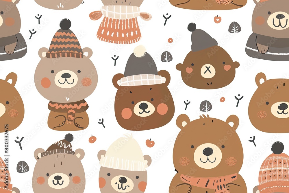 Fototapeta premium Bear Parade: Adorable Cartoon Bears in Hats,Bear Hats Galore: Playful Cartoon Bear Designs