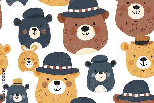 Bear Parade: Adorable Cartoon Bears in Hats,Bear Hats Galore: Playful Cartoon Bear Designs photo