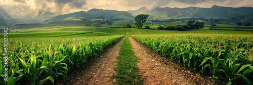 Corn field panorama view in sunlight for web banner template. photo
