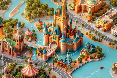 An isometric illustration of a fantasy city with a castle, surrounded by trees and water. The city is full of colorful buildings and people. photo