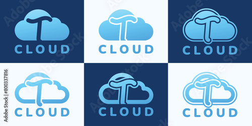 Set of letter T blue cloud logo. This logo combines letters and cloud shapes. Suitable for internet companies, apps, digital storage and the like.