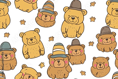 Bear Parade: Adorable Cartoon Bears in Hats,Bear Hats Galore: Playful Cartoon Bear Designs photo