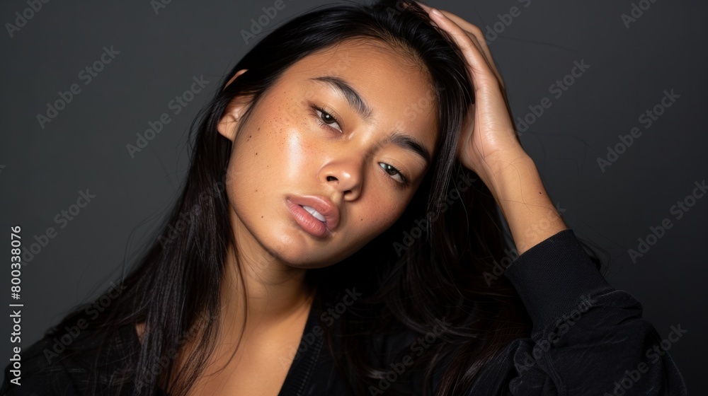 Young black-haired woman, tired and very sleepy expression. generative ai Young black-haired woman, tired and very sleepy expression. generative ai