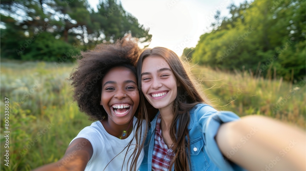 Two friends smiling joyfully while taking a selfie outdoors, surrounded by lush greenery and a bright, sunny atmosphere. Two friends smiling joyfully while taking a selfie outdoors, surrounded by lush greenery and a bright, sunny atmosphere.