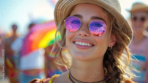 An exuberant individual radiates joy amidst a colorful pride parade, symbolizing diversity and freedom,lgbt concepts.