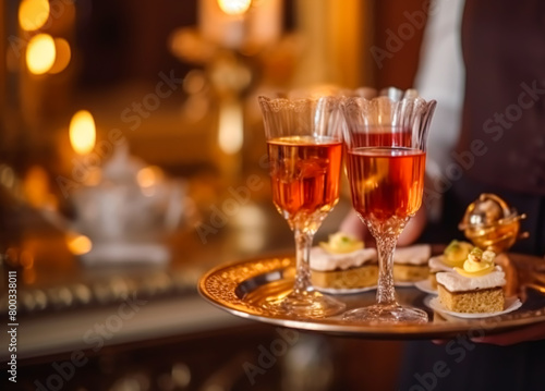 Luxury food service  appetisers and desserts served at a restaurant or formal dinner event in classic English style in the luxurious hotel or country estate  post-processed  generative ai