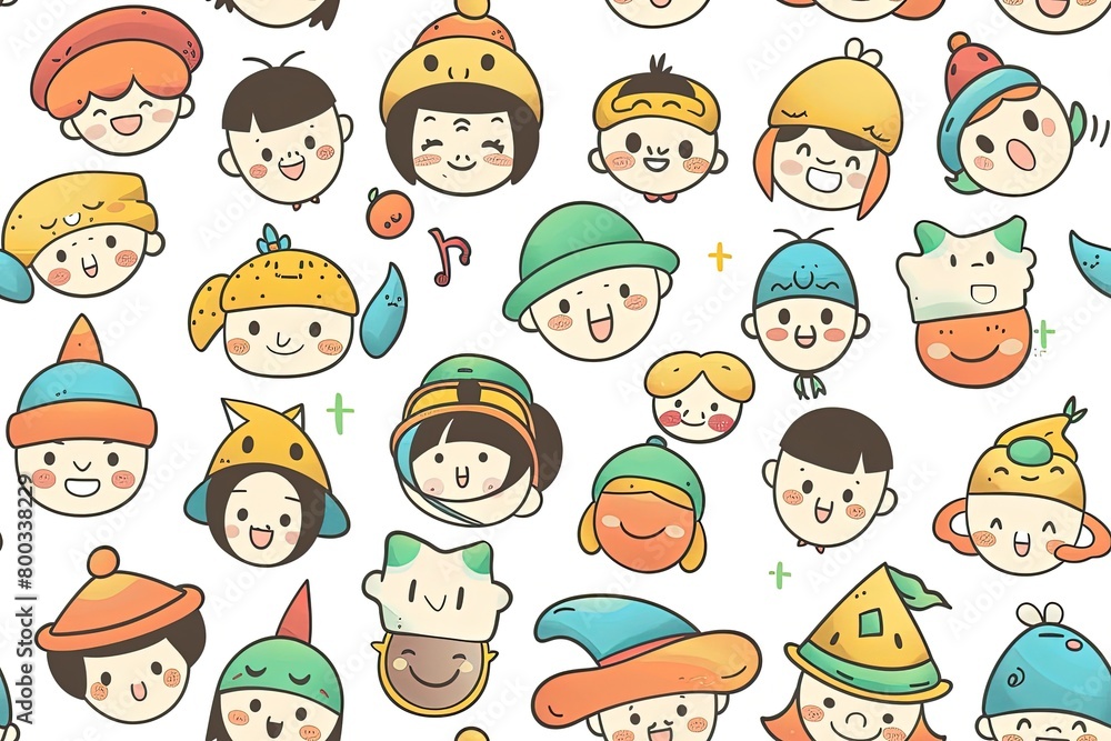 Adorable Cartoon Crew with Hat Diversity,Cheerful Cartoon Characters Rocking Hats Adorable Cartoon Crew with Hat Diversity,Cheerful Cartoon Characters Rocking Hats