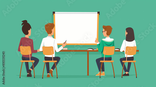 Four professionals engaged in a business meeting with a presenter pointing to a blank whiteboard