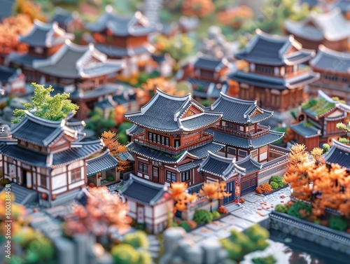 A highly detailed miniature model of a traditional Korean village