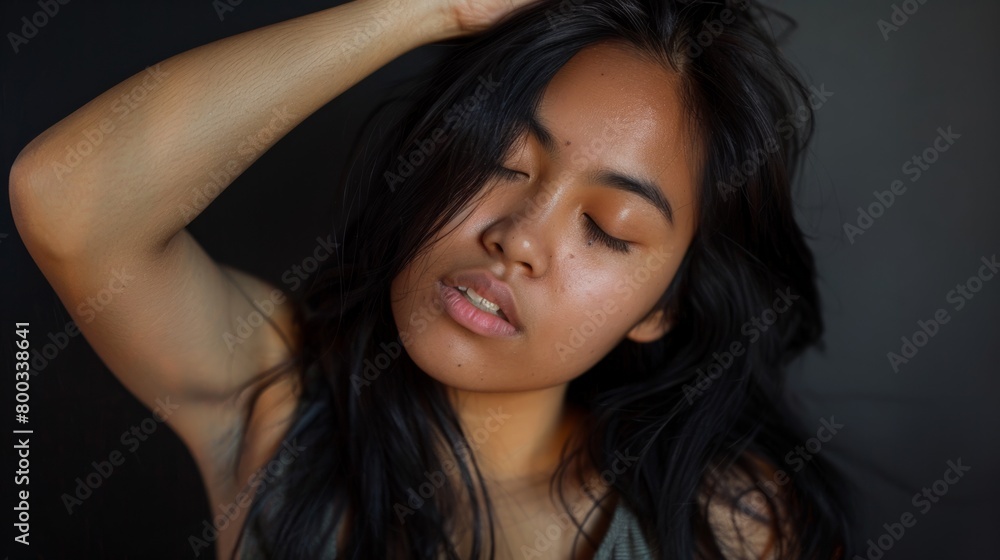 Young black-haired woman, tired and very sleepy expression. generative ai Young black-haired woman, tired and very sleepy expression. generative ai