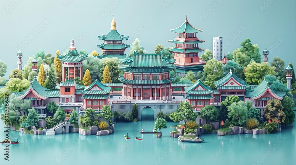 Fototapeta premium A beautiful Chinese style city with a lake and many traditional buildings. The water is green and the trees are lush. The city is peaceful and serene.