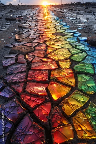 A rainbow is seen through a broken stained glass window, AI