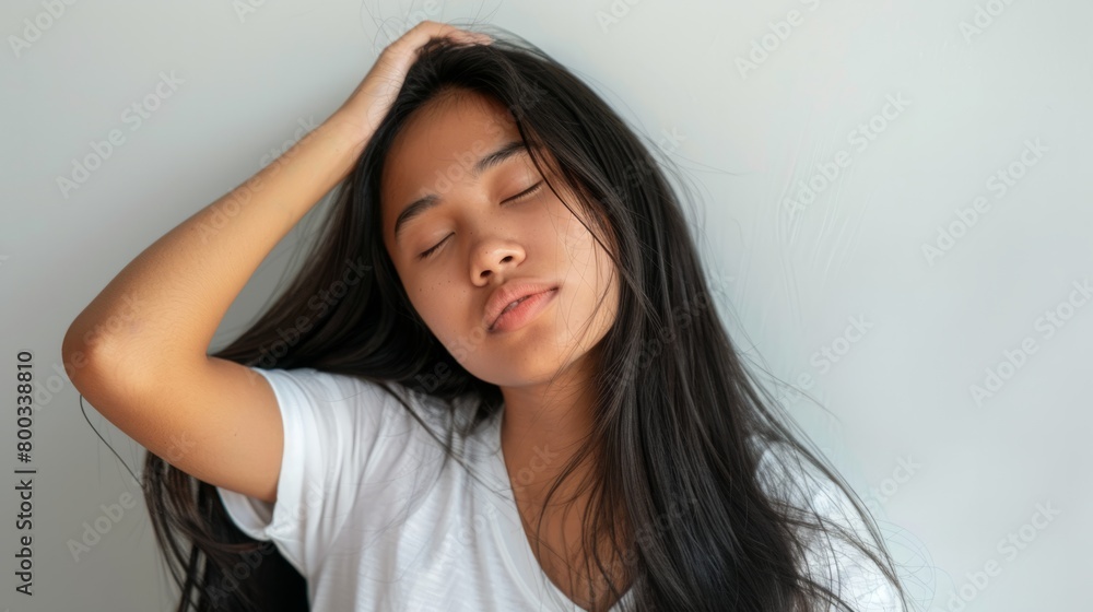 Young black-haired woman, tired and very sleepy expression. generative ai Young black-haired woman, tired and very sleepy expression. generative ai