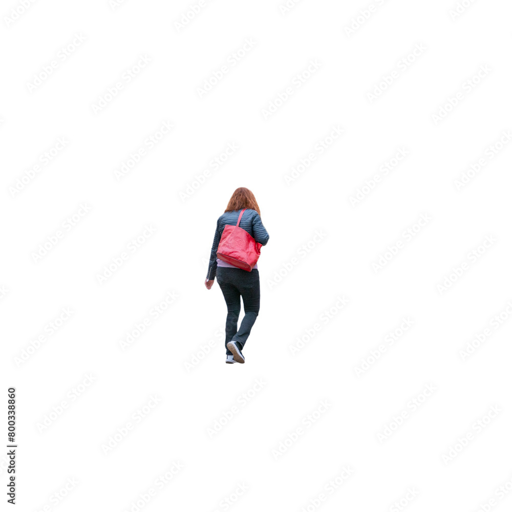 jeune femme , vue de dos, elle marche, elle porte un sac rouge à l'épaule, des cheveux longs ondulés, un pantalon sombre jeune femme , vue de dos, elle marche, elle porte un sac rouge à l'épaule, des cheveux longs ondulés, un pantalon sombre