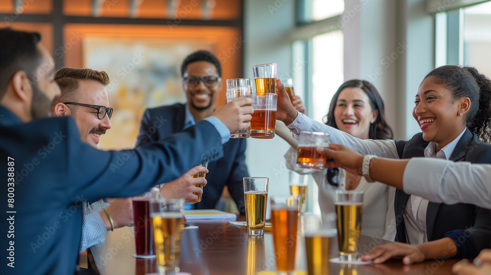 A happy image of diverse corporate business people enjoying drinks after work. Celebrating success and achievement across diverse racial backgrounds in a bright and clean corporate boardroom A happy image of diverse corporate business people enjoying drinks after work. Celebrating success and achievement across diverse racial backgrounds in a bright and clean corporate boardroom