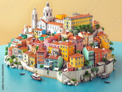 An Isometric city with a European influence. The city is located on the coast and has a large harbor. The city is surrounded by a wall and has a large church in the center.