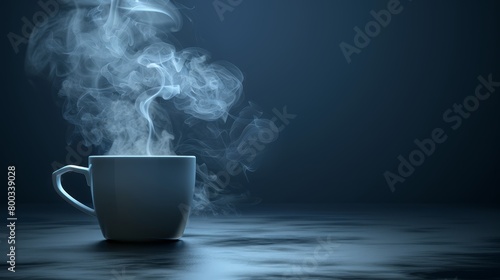   A cup of coffee with heavy steam rising from its top against a dark backdrop
