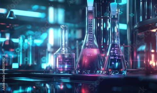 Close up futuristic bioengineering lab background for tests using flasks and test tubes for biotechnology and biochemistry microbiology analysis development concept