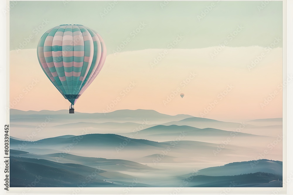 Pastel gradient canvas showcasing a majestic hot air balloon traversing a landscape of rolling hills.