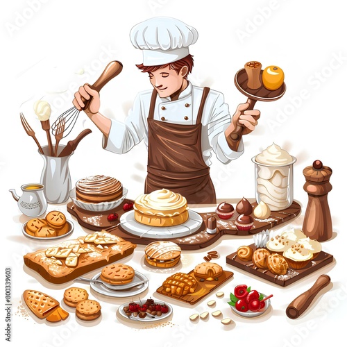 Pastries with a chef on white, cartoon illustration generated with AI 