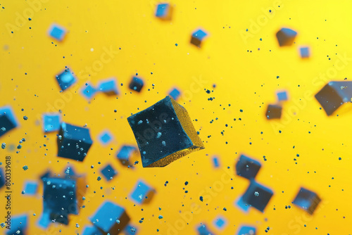 Abstract geometric composition with blue cubes flying in the air on a yellow background and foreground of blue and black cubes © SHOTPRIME STUDIO
