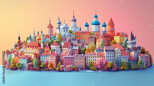 A beautiful city with colorful buildings and churches. The sky is a gradient of pink, orange, and yellow. The city is surrounded by a blue sea. photo