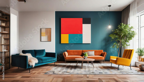 Interior of living room with sofa  lamp and colorful wall painting