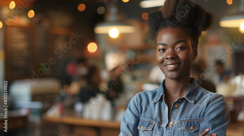 A close-up portrait of a Nigerian black woman in a denim top smiling and looking at the camera in a workplace environment. 