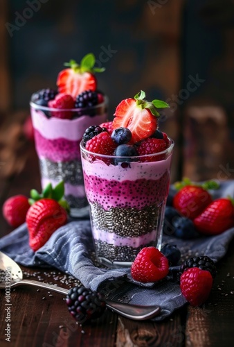 chia seed hanging with purple and blue berry cream in glass cups, with strawberries on top.