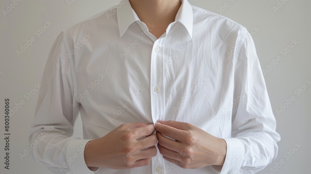   A man wears an unbuttoned white shirt with hands in pockets