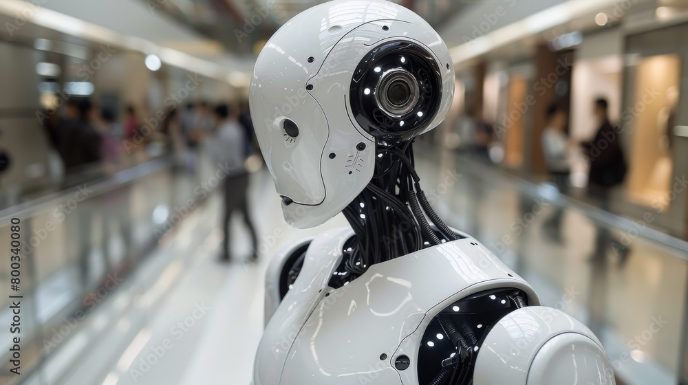 A robot is standing in a hallway with people walking by, AI A robot is standing in a hallway with people walking by, AI