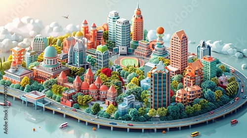 isometric city, 3d, downtown, urban, buildings, skyscrapers, colorful, vibrant, detailed, high quality, 4k