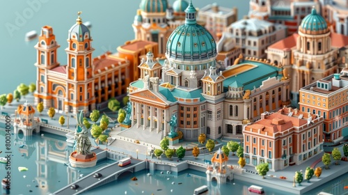 A highly detailed miniature model of a city, made of colorful blocks, with a river running through it and a large cathedral in the center.
