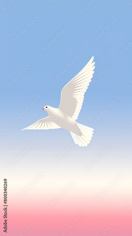 Minimalist design of a dove in flight, block print style, subtle shades of gray, peaceful expression, 