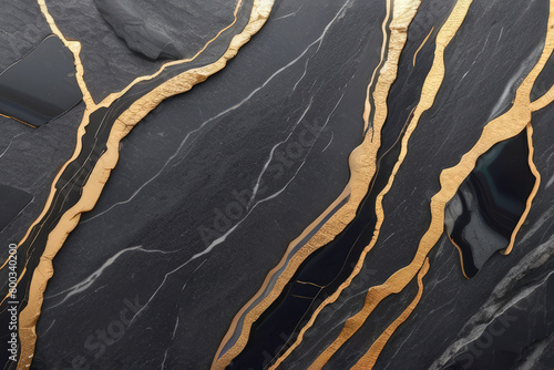 background, texture matte black stone with golden lines