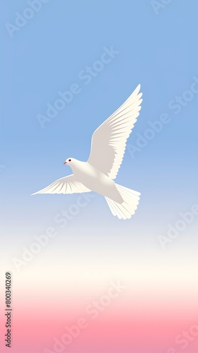Minimalist design of a dove in flight, block print style, subtle shades of gray, peaceful expression, 