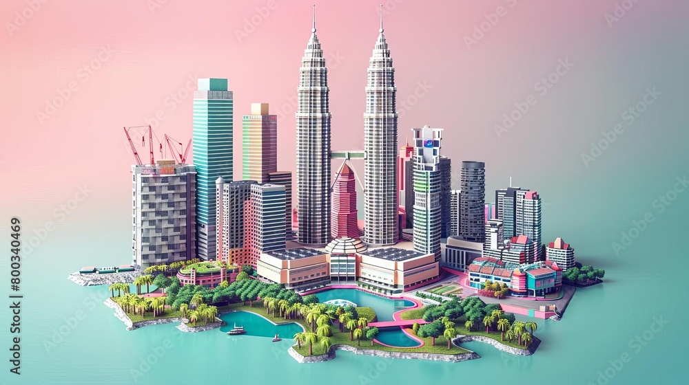 Fototapeta premium Create a illustration of a futuristic city. The city should be made up of geometric shapes and have a pastel color scheme. The image should be ed in a low poly style.