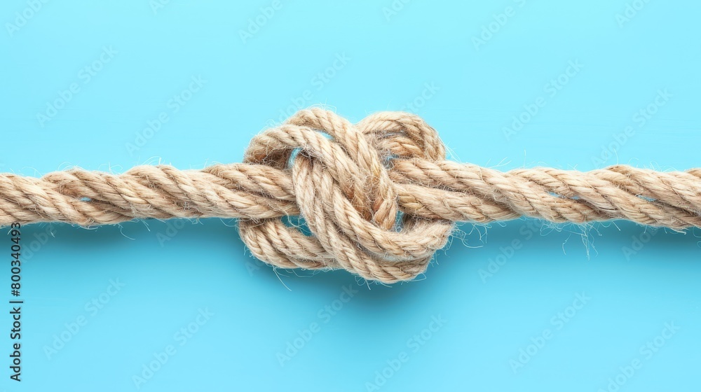   A tight knot, depicted in a close-up, connects two ends of a rope against a blue background The middle of the rope is where the knot resides (