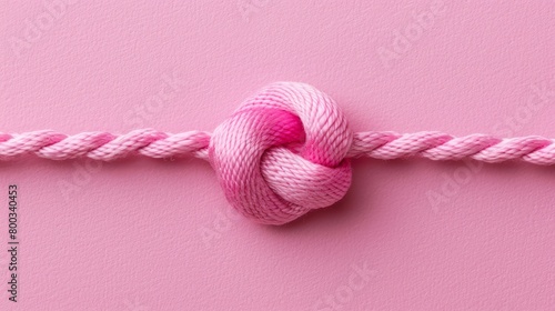  A pink rope, knotted at its tip, lies on a pink surface before a pink wall