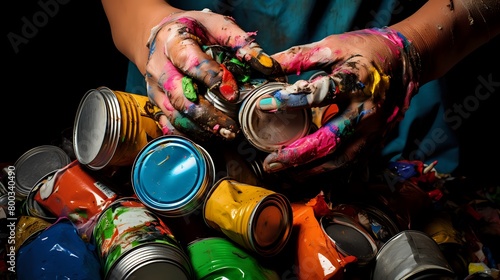 An artist holds a paint can in their paintsplattered hands photo