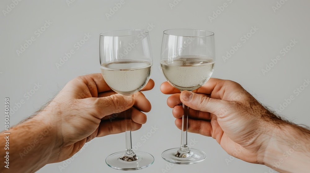   A couple holds wine glasses, each filled with white wine