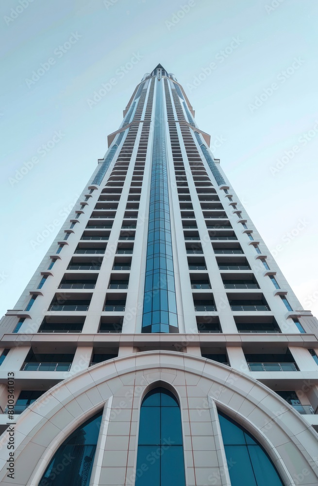 A tall building with a white and blue color scheme, featuring an arched shape at the top, captured from below against a clear sky background