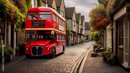 A red doubledecker bus drives down a narrow street in a British photo
