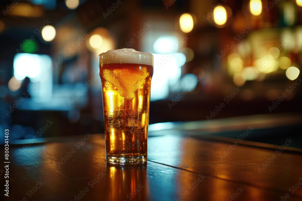 Glass of beer on wooden table in bar with blurry lights in background