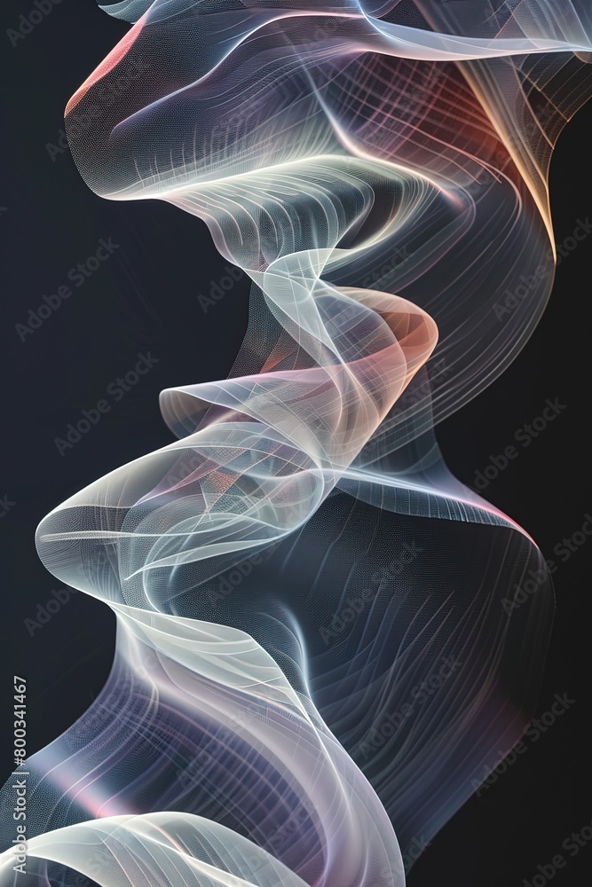 Fototapeta premium Fluid Curve Abstract: 3D Line Poster on Black Background with Soft Colors, Gradient Backdrop - High Resolution Commercial Illustration