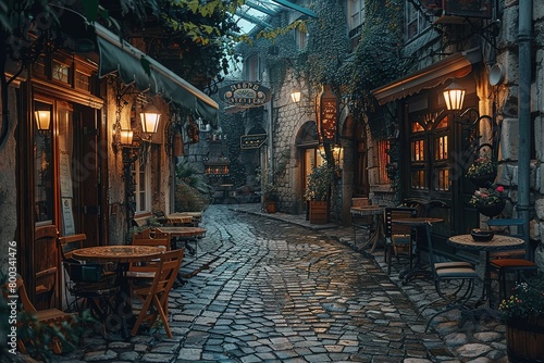 A captivating image capturing the character of an ancient cobblestone lane  its irregular patterns complemented by vintage street furniture and antique storefronts