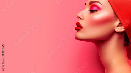   Woman in red hat, red lipstick against pink backdrop © Mikus